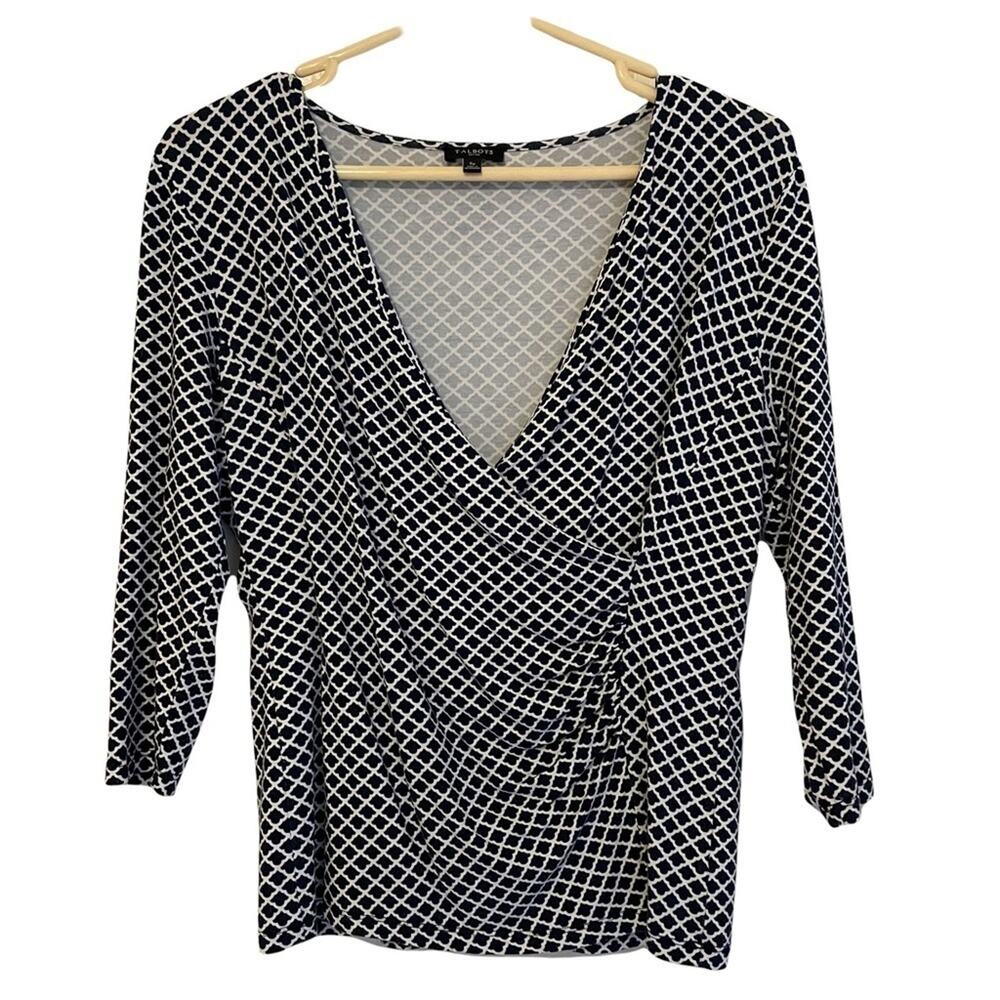 Talbots‎ Faux Wrap Black White 3/4 Sleeve Top Small Petite